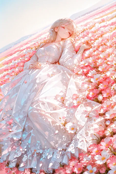 Premium Quality, fine detail, Perfect Resolution, Beautiful Woman, White Dress with Lace, Elegant Silhouettes, Spring Field, Blooming Wildflowers, Soft Natural Light, Petals scattered, Clear Sky , Romantic Atmosphere, Warm colors