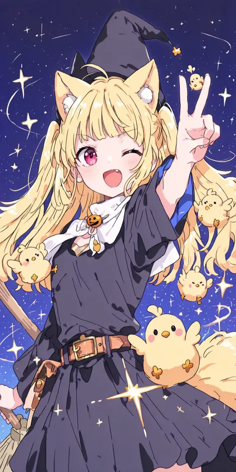 Background:Moonlit Night,1giri,Witches,Witch,flying through the sky over a broom,wink with your finger,peace sign,glitter,煌びやかなBackground,cute,Action Pose,dynamic pose,Dynamic Lighting,colorful,Anime Chick,safe content(masterpiece, 最high quality, high qual...