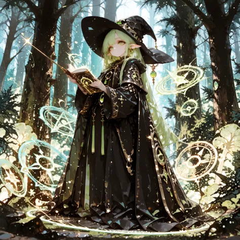 best quality, masterpiece, Perfect Details, beautiful elf witch, long pointed ears, mysterious green eyes, has long silvery hair, Black Wizard's Robe, Gold Jewelry, Magic Wand, Floating Magic Circle, Ancient magic book, Magical Forest , under the moonlig...