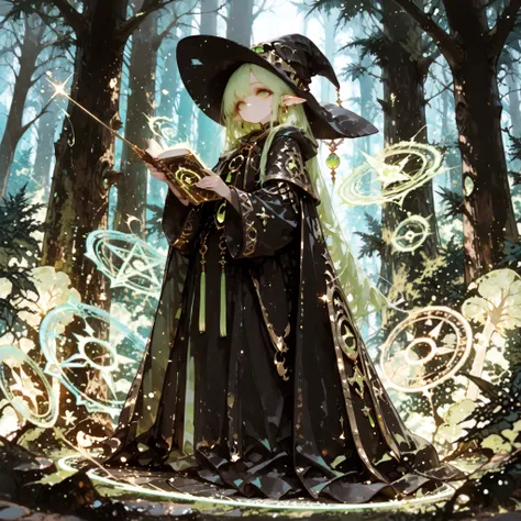 best quality, masterpiece, Perfect Details, beautiful elf witch, long pointed ears, mysterious green eyes, has long silvery hair, Black Wizard's Robe, Gold Jewelry, Magic Wand, Floating Magic Circle, Ancient magic book, Magical Forest , under the moonlig...