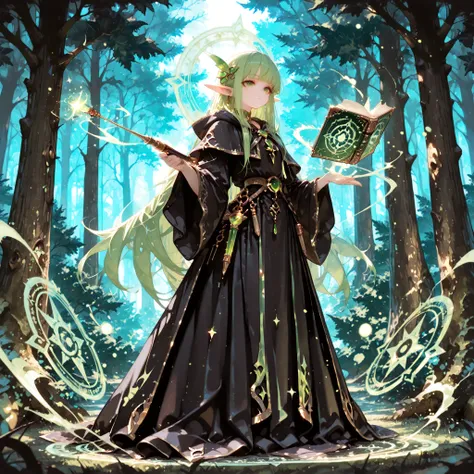 best quality, masterpiece, Perfect Details, beautiful elf witch, long pointed ears, mysterious green eyes, has long silvery hair, Black Wizard's Robe, Gold Jewelry, Magic Wand, Floating Magic Circle, Ancient magic book, Magical Forest , under the moonlig...