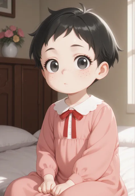 Masterpiece, Best Quality, Newest, Safe, Good Anatomy, Good Resolution, Good Lighting. Beautiful, Anime, Normal. Baby Girl, Black Hair and Short Pixie Hair. Black Eyes. Black Eyelashes, Light Skin, Freckles on Cheeks. She is an Adorable 9 month old baby. L...