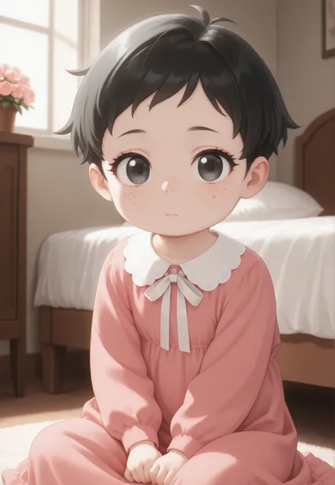 Masterpiece, Best Quality, Newest, Safe, Good Anatomy, Good Resolution, Good Lighting. Beautiful, Anime, Normal. Baby Girl, Black Hair and Short Pixie Hair. Black Eyes. Black Eyelashes, Light Skin, Freckles on Cheeks. She is an Adorable 9 month old baby. L...