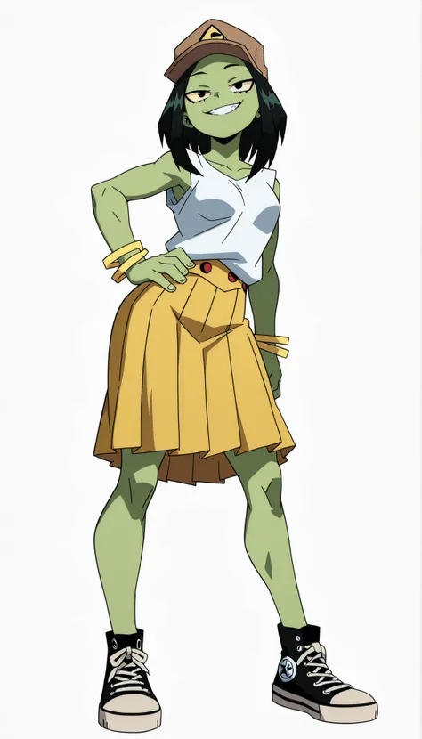 ((Highest Quality)), ((Simple Light Grey Background)), (My Hero Academia Style), standing, 1girl, female, small Breast, thighs, hips, thick shins, solo, athletic body, slim body, slender body, (Super Villain), standing, Super Villain, (Full Body), Green skin, Green-skinned, Green-skinned female, Loose three-color sleeveless T-shirt, Loose sleeveless t-shirt, Loose sleeveless white t-shirt with black and yellow details, Loose white t-shirt with black and yellow details, sport bracelets, black converse, Converse, Very Too long yellow Pleated skirt, very too long pleated skirt, yellow pleated skirt, Straight hair, medium hair, black hair, streaked hair tips, slicked back hair, no bangs, no sidebangs, without bangs, without sidebangs, Brown headwear cap, Brown cap, headwear cap, headwear on, headwear cap on, brown headwear on, stretch powers, stretch power effects, stretch effect, stretch power, yellow sclera, black eyes, smug grin, (very too long skirt),