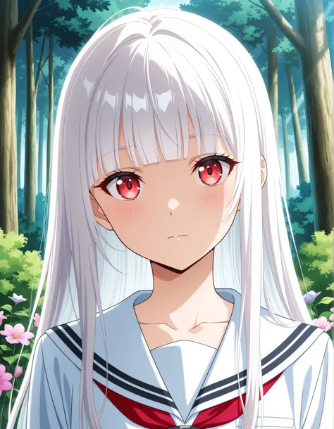 anime, anime_coloring, anime_screencap, rating_sfw, newest, masterpiece, amazing quality, best quality, detailed, absurdres, illustration, game_cg, intricate, an extremely delicate and beautiful, 1 girl, cute, perfect anatomy, red eyes, pettier, white hair...