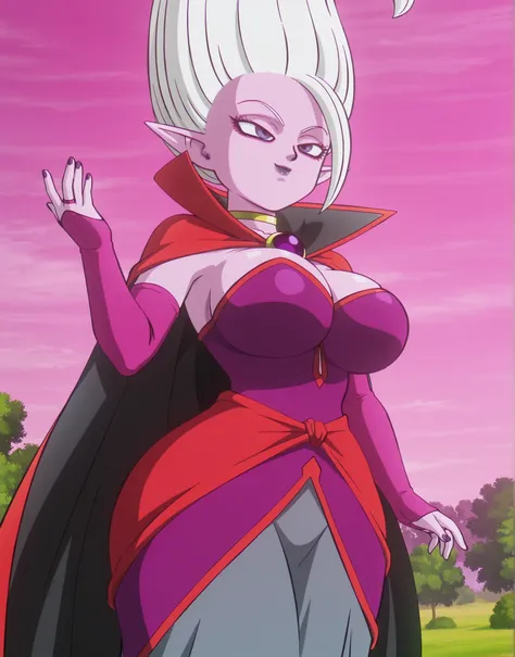 highres, hi res, best quality, masterpiece, 4k, anime coloring, anime screencap, dbdaima, 1girl, solo, dr arinsu, long hair, white hair, purple eyes, makeup, lipstick, detailed face, pointy ears, pink skin, colored skin, gold choker, collared cape, red cap...