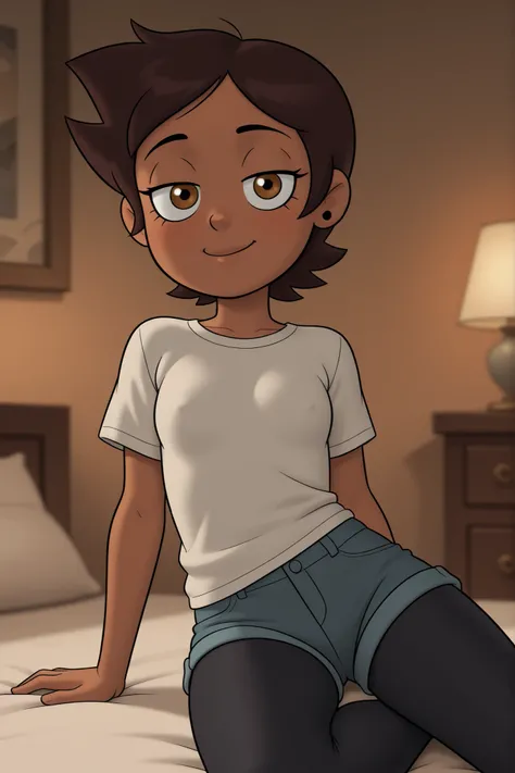 detailed, Luz curved gracefully on the bed, The look from under the half-lowered eyelashes is full of desire, disheveled brown hair, dark skin glows in the warm light, clothes in an artistic mess: lowered sweatshirt, tight t-shirts, unbuttoned shorts, blac...