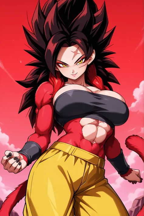 1girl, yellow eyes, black pupils, abs, body fur, long hair, monkey tail, muscular, pectorals, (red fur:1.5), solo, spiked hair, black hair, ssj4, yellow pants, super saiyan, tail, pretty girl, black chest bandage, big boobs, curvy,makeup,red eyeshadow,sedu...