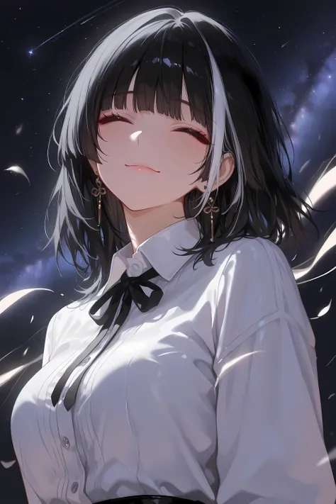 masterpiece, best quality, amazing quality, very aesthetic, high resolution, ultra-detailed, absurdres, newest, 1girl, solo, looking at viewer, long sleeves, upper body, black hair, earrings, medium hair, stylish outfit, starry sky, sad smile, close eyes, ...