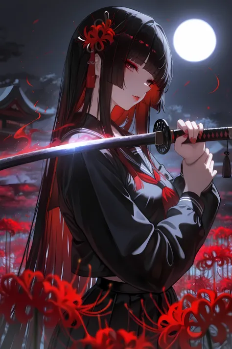 masterpiece, best quality, amazing quality, very aesthetic, high resolution, ultra-detailed, absurdres, newest, 1girl, solo, black Seifuku, hime cut, long hair, red hair, Hold a Japanese sword in your hand and place it on your shoulder , spider lily, moonl...
