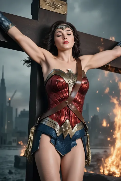 rain,Heavy rain,豪rain,In the midst of a storm,Full body soaked,my hair is soaked,dripping water,((crucifixion)),(cross),(execution),((incontinence)),Bruises on the face,facial scars,close ~ eye,sleeping face,syncope,((Woman in crucifixion at the cross:1.5)...