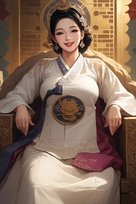 An ancient Korean mature woman with sexy and big breasts. mature face. black hair. Neatly tied side hair. black eyes. Hanbok and Chima. is seated on the throne. Korea Palace Queen's Room Background. Happy expression.
