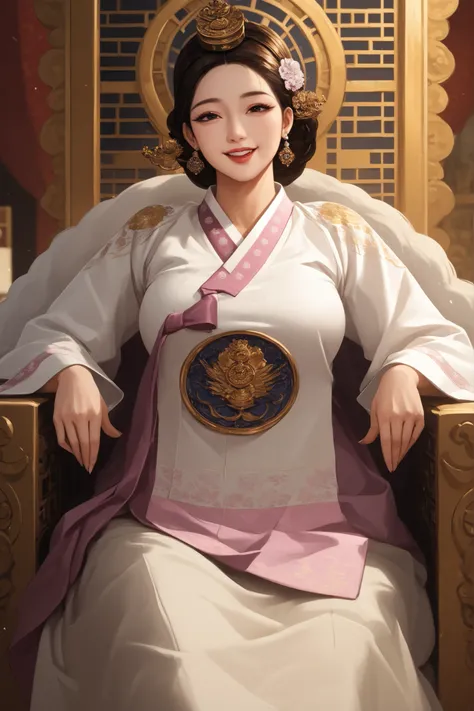An ancient Korean mature woman with sexy and big breasts. mature face. brown hair. Neatly tied side hair. black eyes. Hanbok and Chima. is seated on the throne. Korea Palace Queen's Room Background. Happy expression.