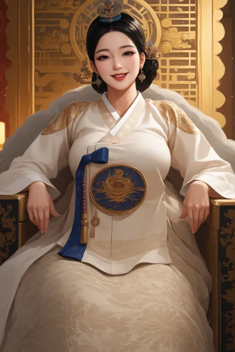 An ancient Korean mature woman with sexy and big breasts. mature face. black hair. Neatly tied side hair. black eyes. Hanbok and Chima. is seated on the throne. Korea Palace Queen's Room Background. Happy expression.