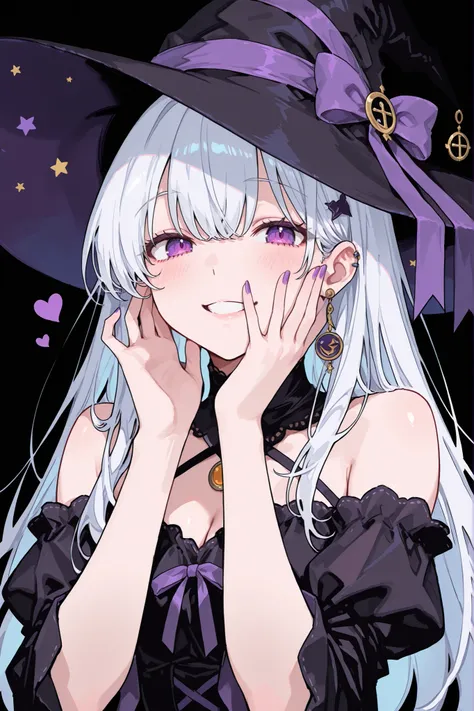 1 maiden, One, witch, Ruddy, making a heart with your hands pose, peace of mind , cute witch costume, will come back happy, extremely high resolution, masterpiece, 8 k, amazing quality. white hair, purple eyes