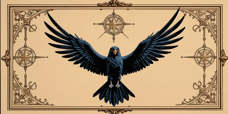 The background has a 3D format that goes into the distance. There is a stigma in front of him ( A star ) with 16 ends with different symbols, Norwegian signs and Buddhist symbols. At the center of the stigma, a bird with 4 eyes flies out in the form of a d...