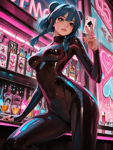 masterpiece, best quality, solo, Spades card, magical girl holding Spades card, card on hand, bodysuit magical girl outfit, natural face, action pose, at the bar, pink neon light, blue and black color palette, dutch angle, from below.