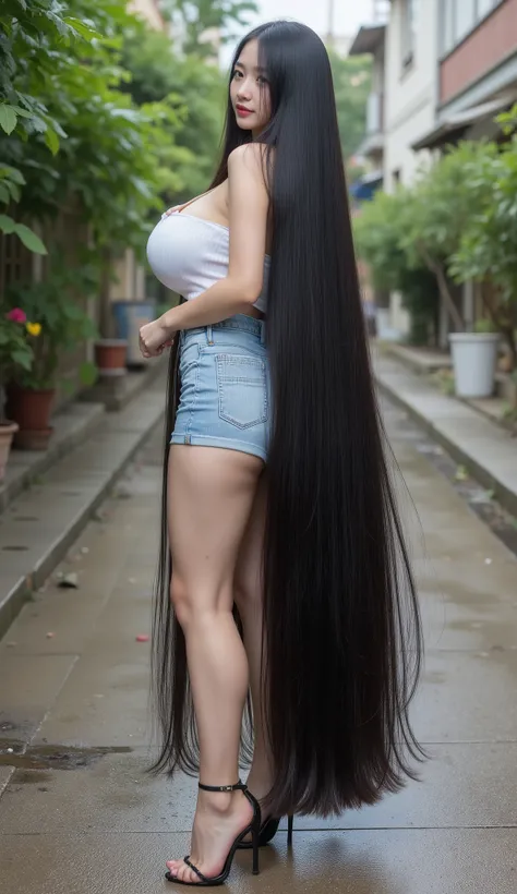 (Masterpiece, super detailed, hanging boob, 8k) Very cute and young Asian girl with dimples.she is standing.She wears a sleeveless and strapless white tube dress very tight, fitted tight denim mini skirt and white high heel. She has the longest black hair ...