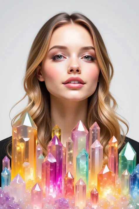 A cliff that is 300 feet tall made up of gigantic quartz crystal points that are multicolored pillars in a tropical rainforest. In the middle of these skyscraper sized  crystals is an incredible gushing, cascading waterfall that pours into a stream that is...