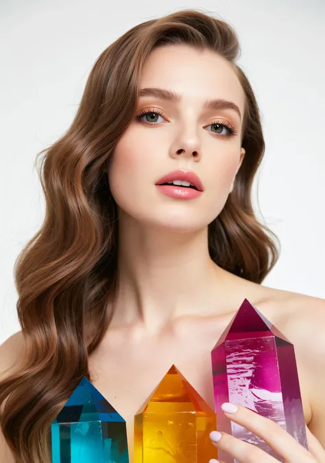 hundreds of different colored translucent,partially see-through quartz crystals,beautiful young woman,very long wavy hair,pale skin,detailed portrait,ethereal,mystical,fantasy,glowing translucent quartz crystals,authentic and natural looking,natural lighti...