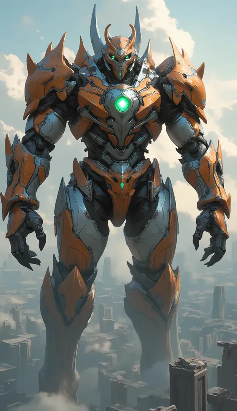 (masterpiece, best quality, ultra-detailed), An epic, boss-level humanoid mecha, lion-inspired concept, floating majestically and powerfully in the sky above a sprawling futuristic city. Super robot style head design with luminous glowing eyes, full-covera...