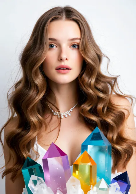 hundreds of different colored translucent,partially see-through quartz crystals,beautiful young woman,very long wavy hair,pale skin,detailed portrait,ethereal,mystical,fantasy,glowing translucent quartz crystals,authentic and natural looking,natural lighti...