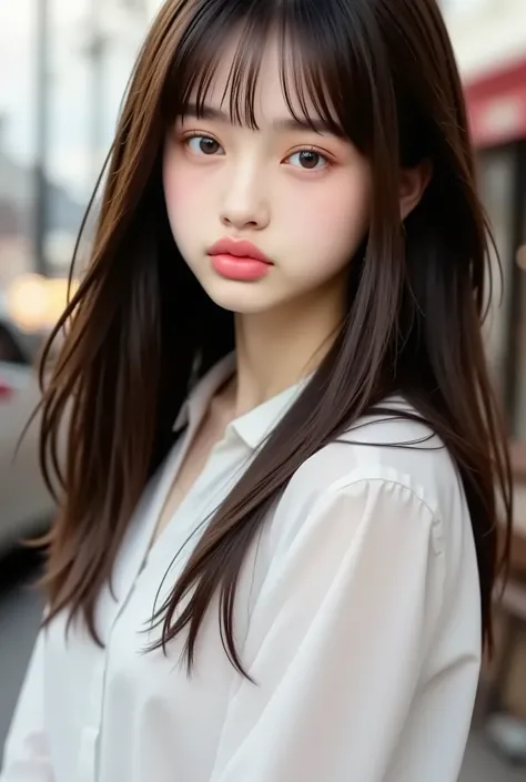 ((Highest Quality)) , ((masterpiece)) , (teeth) , perfect face . brown hair、long hair fluttering in the wind、Street Corner、white shirt、Shy Smile、Show me the、womanhood , 22 years old、college students、Look at me with kind eyes