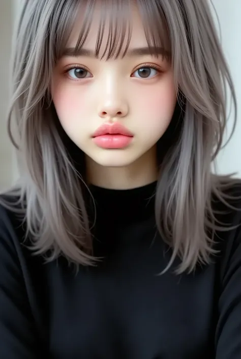 (8k、 realistic 、 Original photo、 Highest Quality : 1 . 4)、( one girl )、 beautiful faces、( Bright Face )、( grey hair:1 . 5)、( medium hair)、 beautiful hairstyle、（ It has a bang on one side、and one eye is hidden：1 . 5）、 realistic eyes、 Beautiful Details、（ rea...