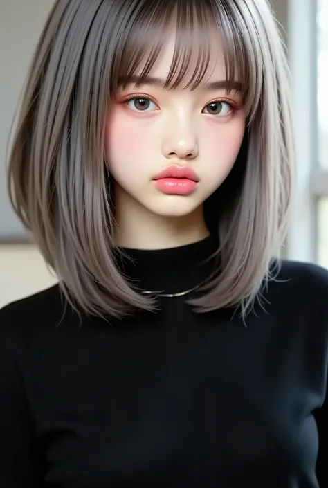 (8k、 realistic 、 Original photo、 Highest Quality : 1 . 4)、( one girl )、 beautiful faces、( Bright Face )、( grey hair:1 . 5)、( medium hair)、 beautiful hairstyle、（ It has a bang on one side、and one eye is hidden：1 . 5）、 realistic eyes、 Beautiful Details、（ rea...