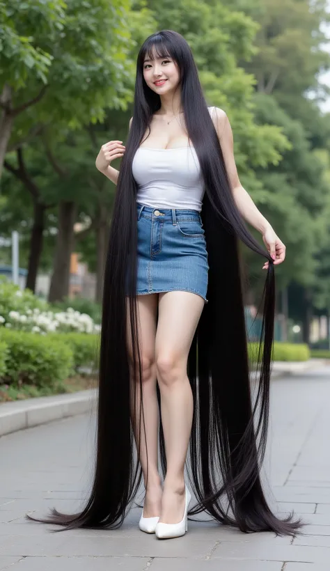 Very cute and young Asian girl with dimples.she is standing .She wears a sleeveless and strapless white tube dress very tight , fitted tight denim mini skirt and white high heel. She has the longest black hair .She has the longest light black hair up to 32...