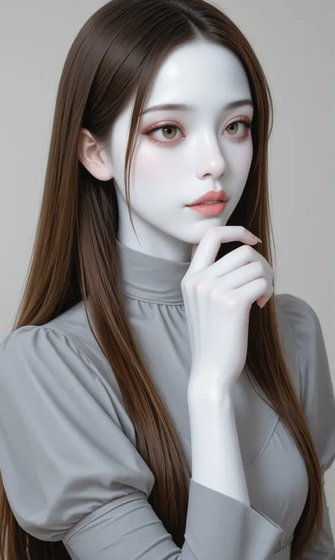 Girl, long straight brown hair, hazel eyes, sharp features, white skin, lip gloss, beautiful, perfect, wearing an elegant gray sleeved dress, bright colors, high quality resolution .