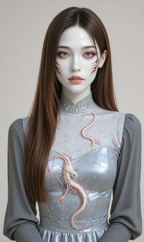 Girl, long straight brown hair, hazel eyes, sharp features, white skin, lip gloss, beautiful, perfect, wearing an elegant gray sleeved dress, bright colors, high quality resolution .