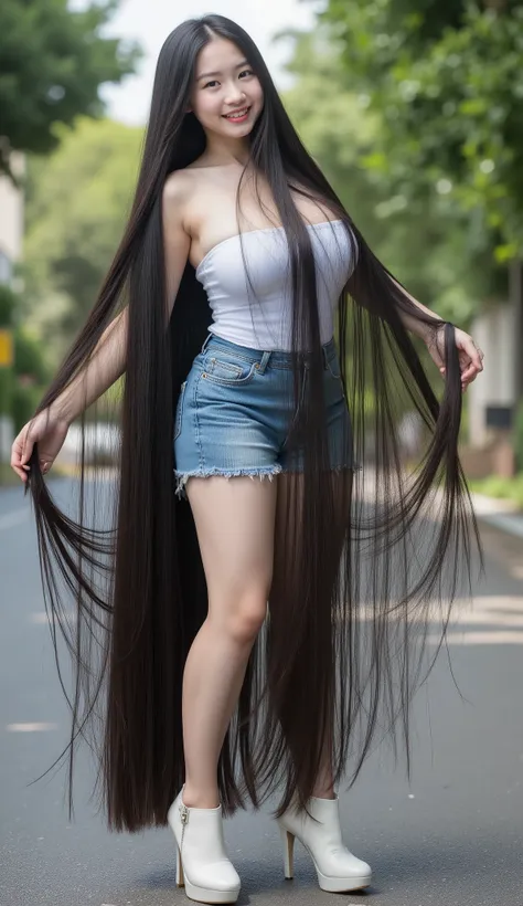 Very cute and young Vietnamese girl with dimples.she is standing .She wears a sleeveless and strapless white tube dress very tight , fitted tight denim mini skirt and white high heel. She has the longest black hair .She has the longest light black hair up ...