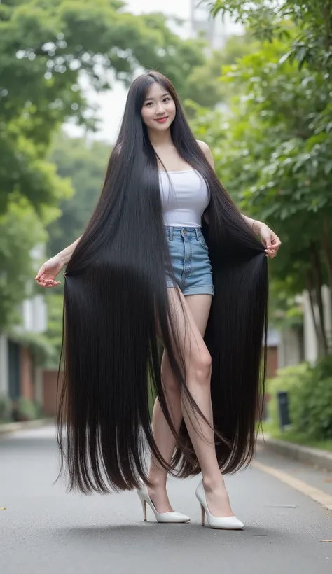 Very cute and young Vietnamese girl with dimples.she is standing .She wears a sleeveless and strapless white tube dress very tight , fitted tight denim mini skirt and white high heel. She has the longest black hair .She has the longest light black hair up ...