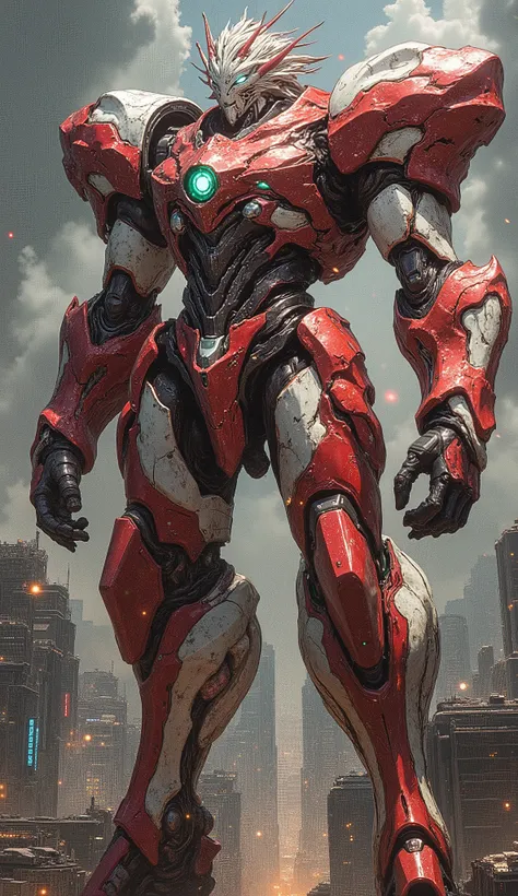 Epic cinematic wide shot of a commanding, boss-level humanoid mecha, concept inspired by a majestic lion, hovering imposingly over a futuristic cityscape. The mecha features a Super Robot style head with intensely glowing eyes. Its full-body, organic bio-t...