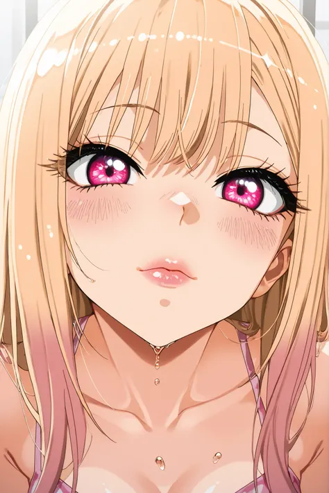 high quality, masterpiece, ultra dettagliato, Very close up of Marin Kitagawa's lips pressed against an invisible glass surface, as if he were giving a passionate kiss to the viewer through a transparent screen. Totally closed mouth in the shape of a kiss,...