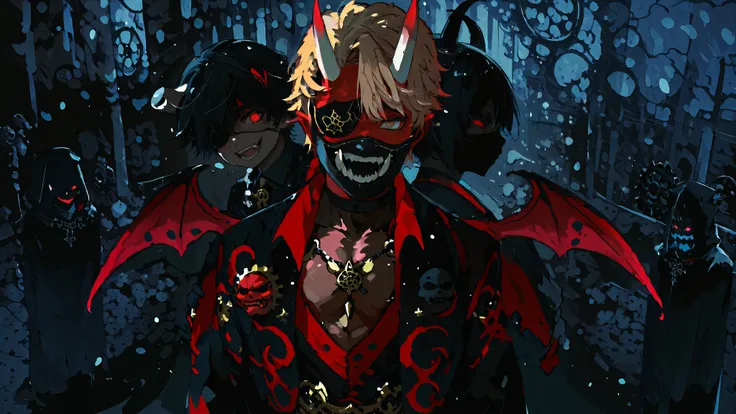 there is a male character dressed in a costume and a mask, evil devious male, dapper dream demon, wearing all black mempo mask, demon male, prince crown of black gears, human male demon, black eyepatch, young shadow mage male, lunar themed attire, fit male...