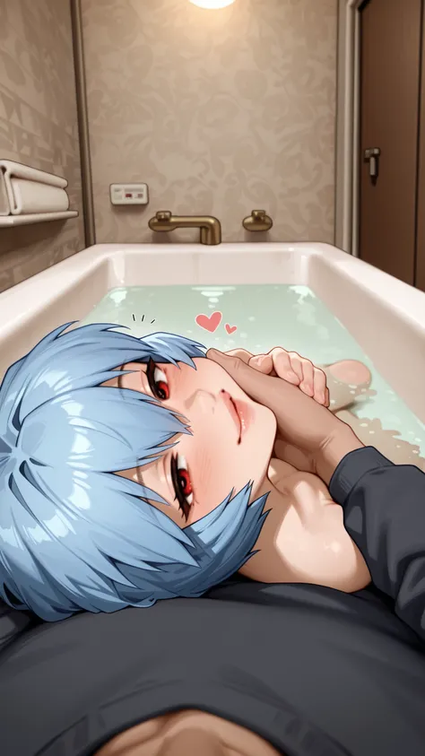 1loli on side, lying, from side, resting head, sleepy face, happy, lips, ayanami rei, resting on chest, hug, looking at viewer, head on pov chest, snuggle, flirt, romantic atmosphere, happy, hearts, empty bathtub, apartment bathroom, cozy, male pov, povove...