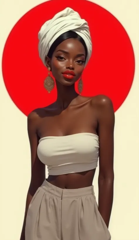 young black woman, smooth skin, tied hair, simple white turban on head, strapless top, exposed belly, pants, full lips, red lips, smile, beige background, red circle