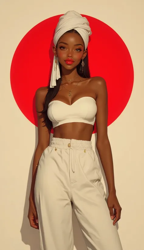 young black woman, smooth skin, tied hair, simple white turban on head, strapless top, exposed belly, pants, full lips, red lips, smile, beige background, red circle