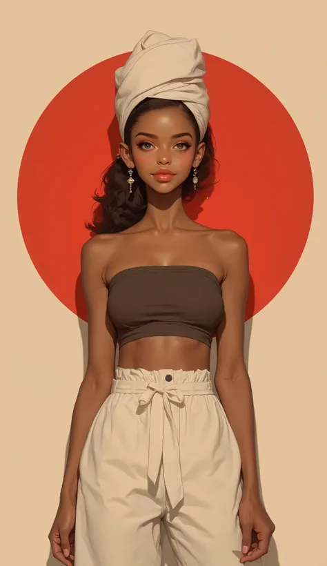 young black woman, smooth skin, tied hair, simple white turban on head, strapless top, exposed belly, pants, full lips, red lips, smile, beige background, red circle