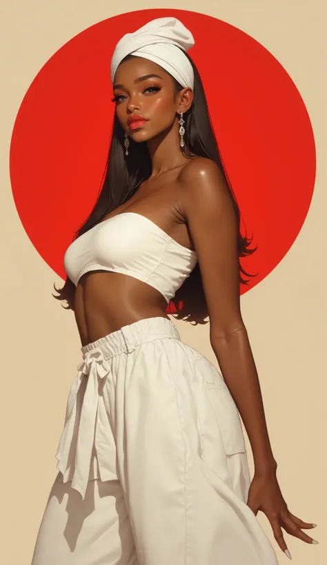 young black woman, smooth skin, tied hair, simple white turban on head, strapless top, exposed belly, pants, full lips, red lips, smile, beige background, red circle