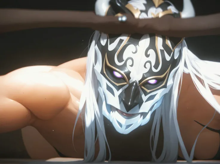 This image appears to depict an animated character wearing a distinctive mask. The mask has a white and black design, resembling a fierce or intimidating pattern, possibly inspired by animal features. The character has long hair and seems to be looking int...