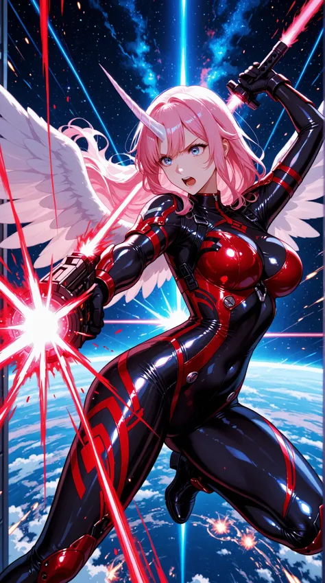 Close Combat、female warrior in tight suit、Shining Unicorn Horn、Angel Wings Effects、High Speed Battle、Laser Attack Trails、Gunfight Sparks、Deep Space Scenery、Blue Beam Light Traces、Red Burning Aura