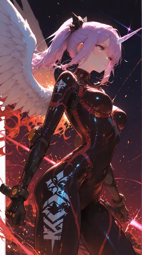 Close Combat、female warrior in tight suit、Shining Unicorn Horn、Angel Wings Effects、High Speed Battle、Laser Attack Trails、Gunfight Sparks、Deep Space Scenery、Blue Beam Light Traces、Red Burning Aura