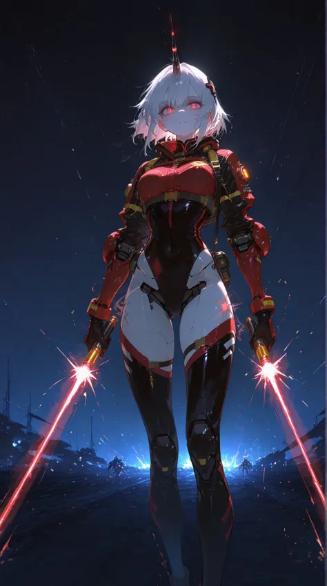 battle scene、female pilot with a slender figure、glowing unicorn horn、afterimage effects、brilliant mobile combat、flash of laser beam、Live bullet launch marks、Jet Black Space Background、afterimage of pale light、glow of red psycho frames