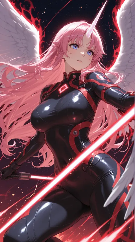 Close Combat、female warrior in tight suit、Shining Unicorn Horn、Angel Wings Effects、High Speed Battle、Laser Attack Trails、Gunfight Sparks、Deep Space Scenery、Blue Beam Light Traces、Red Burning Aura