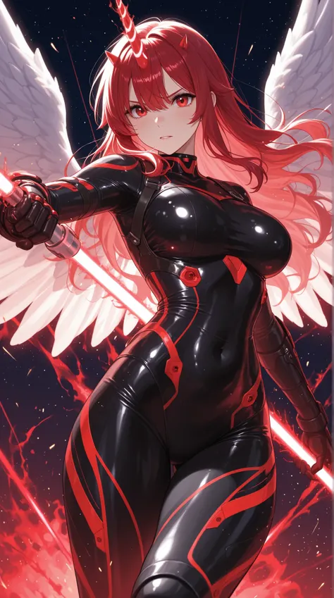 Close Combat、female warrior in tight suit、Shining Unicorn Horn、Angel Wings Effects、High Speed Battle、Laser Attack Trails、Gunfight Sparks、Deep Space Scenery、Blue Beam Light Traces、Red Burning Aura