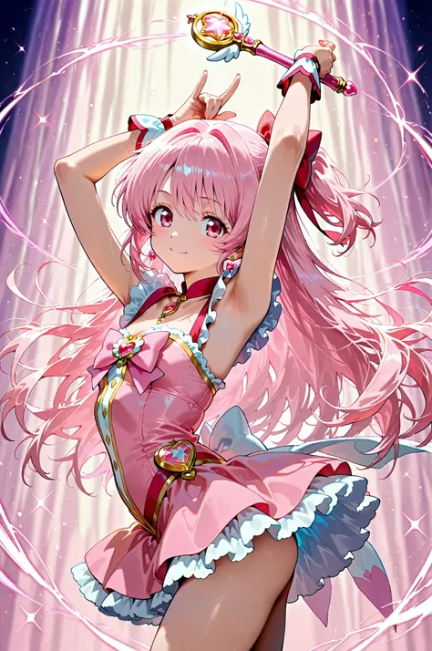 Anime style, magical girl, pink hair, long hair, magic wand, magic item, front at viewer,Point your wand here ,acrobatic pose,from side