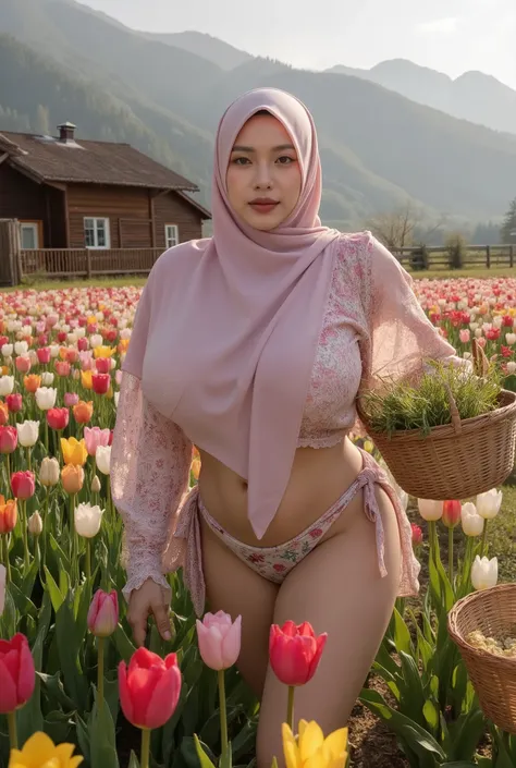 masterpiece, high quality, best photography, Indonesian woman in elegant floral hijab, Wearing  batik Bikini, tending to vibrant tulip fields, majestic Scandinavian mountains background, morning golden sunlight, misty peaks, rustic wooden farmhouse, colorf...